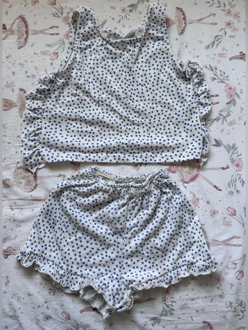 Zara Girls Blue Ditsy Floral Ruffle Crop Top & Shorts Set | 2–4Y